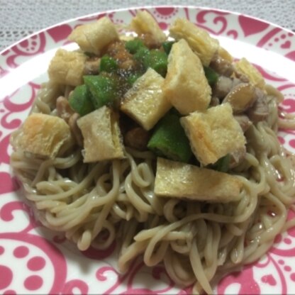 1人ランチに蕎麦風の蒟蒻麺で作りました♪カリカリ油揚げとネバネバ食材でメッチャ旨旨です〜♡毎日暑いけど夜のプシューを楽しみにフアィトです(*^^*)vご馳走様☆